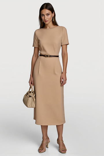 Camel Satin Bodycon Long Work Dress with Sleeves